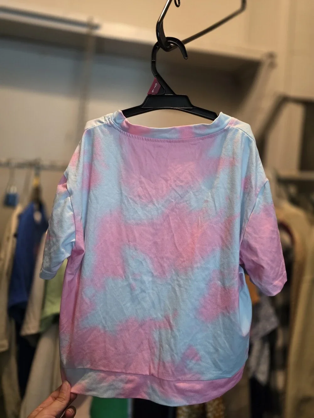 Shein Girls Pink and Blue Tie-Dye Believe Crop Top